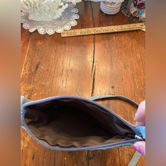 Boho Chic CROSSBODY HANDBAG Upcycled Blue Jean  Turquoise Embellishments NEW! - Picture 6 of 8